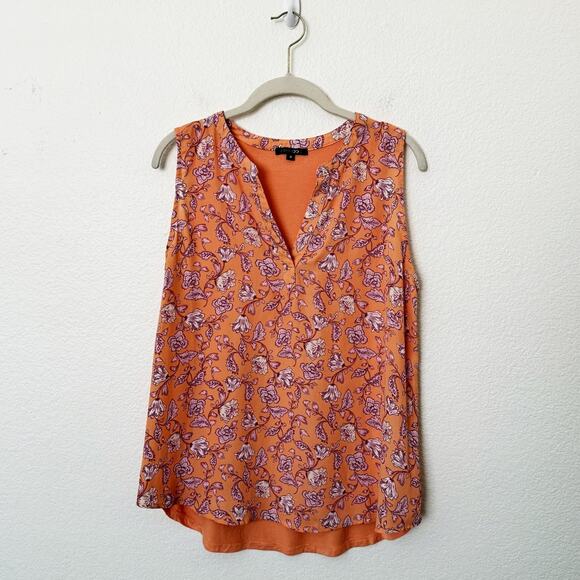 [Papermoon] Orange Floral Print Sleeveless Chiffon Blouse Work Top Size Medium M - Picture 1 of 10